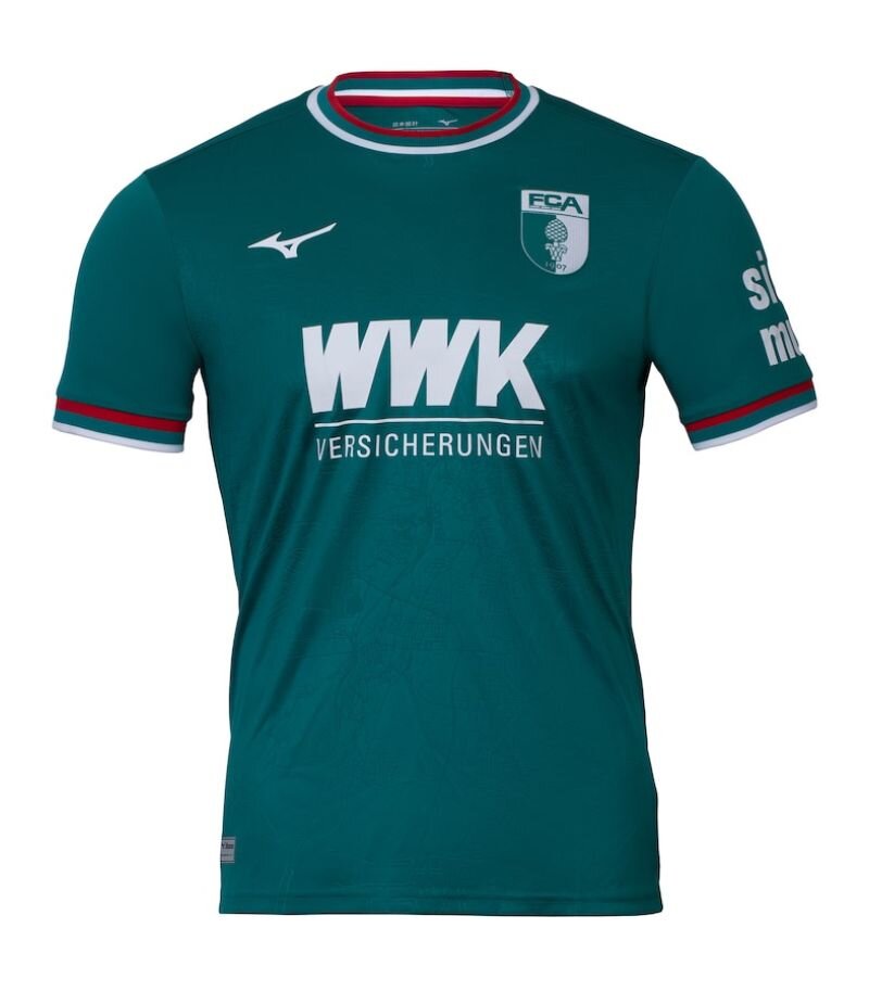 fc augsburg away kit in emerald green with red and white details 